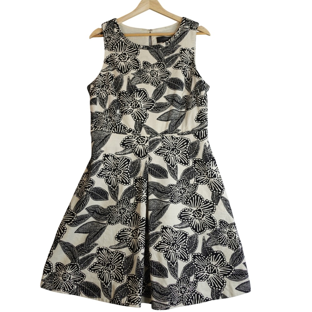 J Crew Polynesian Floral Cutout Back Mini Dress 10 Cream Black Cotton Vacation